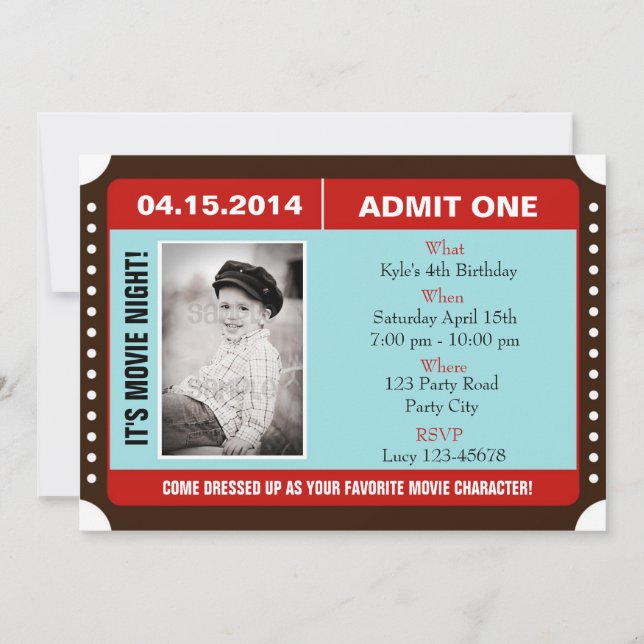 Ticket Style Invitation with Photo - Blue Red (Front)