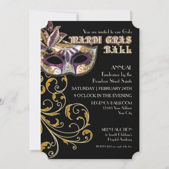 Ticket Style Mardi Gras Ball Gala Party Fundraiser Invitation (Front)