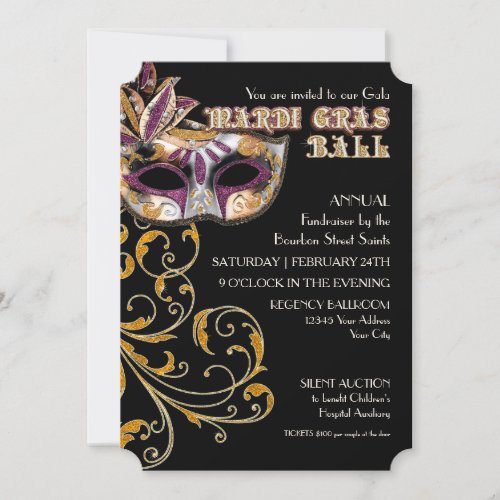 Ticket Style Mardi Gras Ball Gala Party Fundraiser Invitation