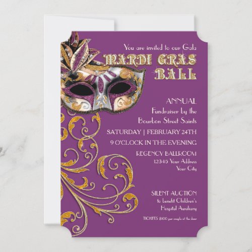Ticket Style Mardi Gras Ball Gala Party Fundraiser Invitation