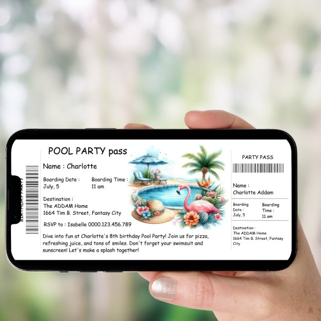 Ticket-Style Pool Party Invitation – Birthday Bash (Front Digital)