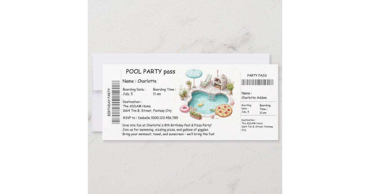 Ticket-Style Pool Party Invitation – Birthday Bash | Zazzle