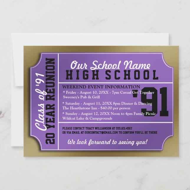 Ticket Style Purple/Gold Class Reunion Invitation (Front)