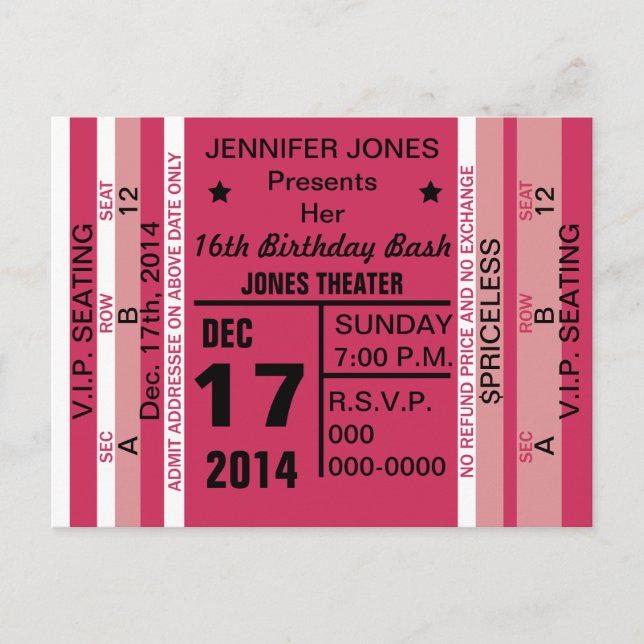 Ticket To Fun Invitation Postcard (Front)