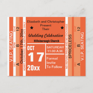 Ticket To Fun Wedding Save The Date Orange Announcement Postcard