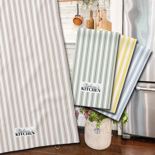 Ticking Stripe Vintage Farmhouse Mushroom Kitchen Towel (Add a touch of charm to your kitchen with these vintage style ticking stripe towels.)