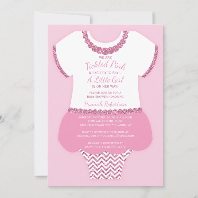 Tickled Pink Baby Shower Invitation, Faux Glitter Invitation (Front)