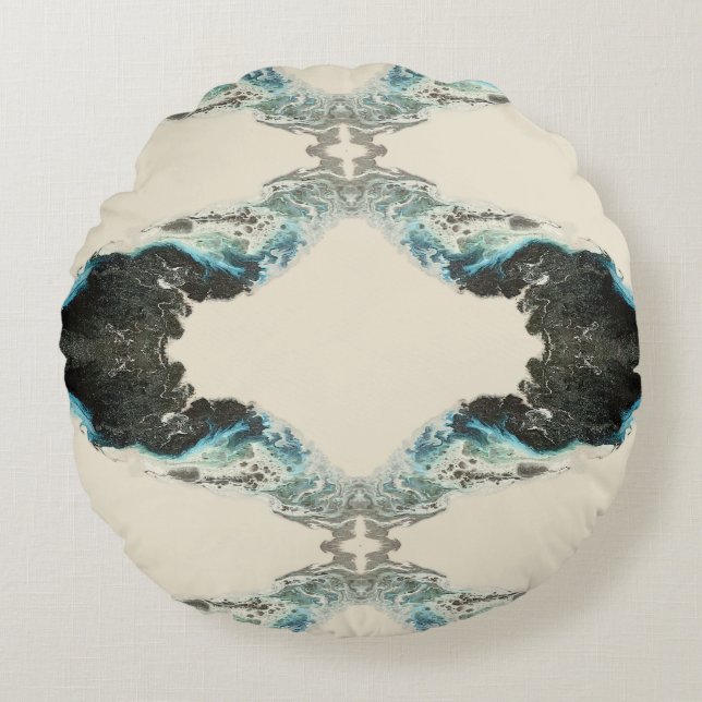Tidal Echoes — Abstract Fluid Ink Pattern Round Pillow (Front)