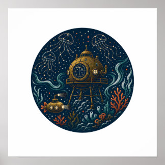 Tidal Observatory Deep Sea Submarine & Jellyfish P Poster