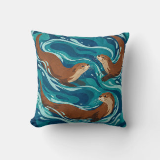 Tidal Otters in Flowing Teal and Blue Currents Throw Pillow