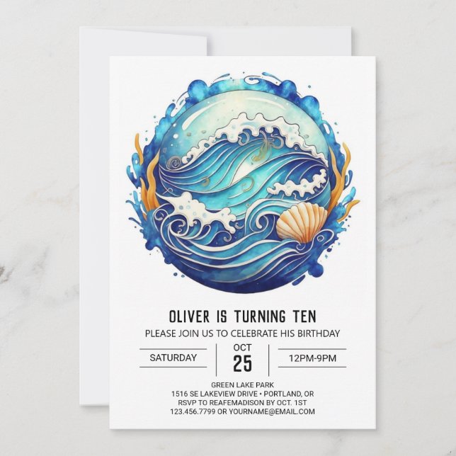 Tidal Watercolor Waves Kids Birthday  Invitation (Front)
