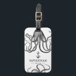 Tide's Tentacles | Octopus Theme Luggage Tag<br><div class="desc">A unique black and white deep-sea octopus themed luggage tag tailored to the person who loves the beach. It features your name in the center with a vintage style anchor under it. Surrounding this are octopus tentacles signifying the ocean deep.</div>