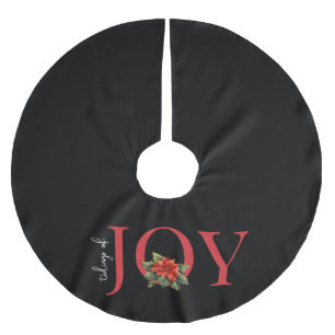 TIDINGS OF JOY RED CHRISTMAS POINSETTIA on BLACK,  Brushed Polyester Tree Skirt
