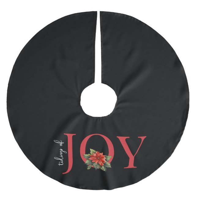 TIDINGS OF JOY RED CHRISTMAS POINSETTIA on BLACK,  Brushed Polyester Tree Skirt (Front)