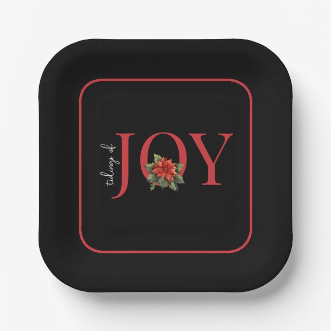 TIDINGS OF JOY RED CHRISTMAS POINSETTIA  PAPER PLATES (Front)