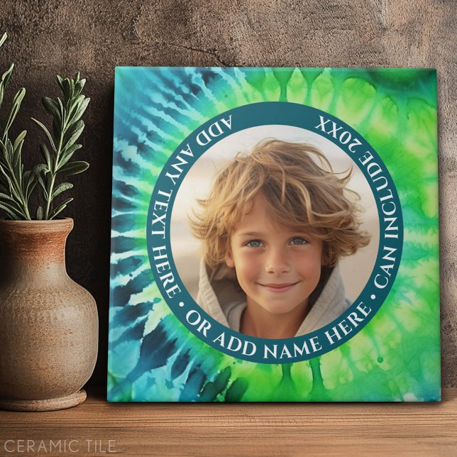Tie Dye - 1 Photo - Custom Text - Green Blue Ceramic Tile (Custom Tile)