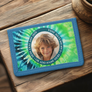 Tie Dye - 1 Photo - Custom Text - Green Blue Tri-fold Wallet