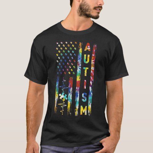 Tie Dye American Flag Autism Awareness Support Tea T_Shirt