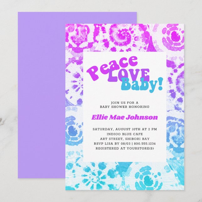 Tie Dye Baby Shower Retro Peace Love Baby Invitation (Front/Back)