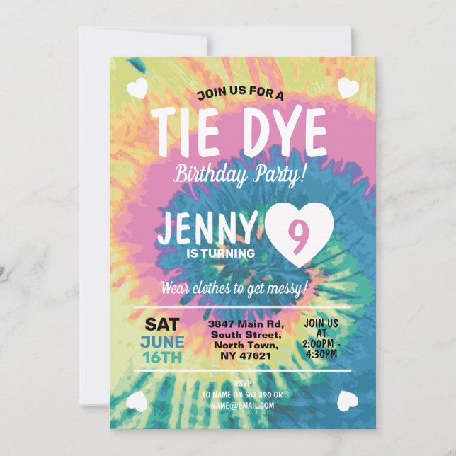 Tie Dye Birthday Get Messy Fun Girls Invitation (Front)