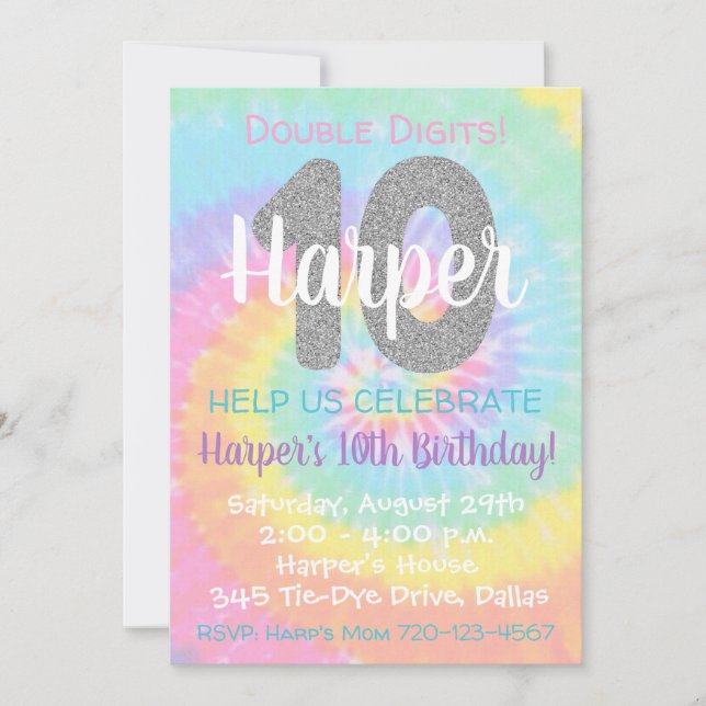 Tie Dye Birthday Invitation 10th Birthday (Front)