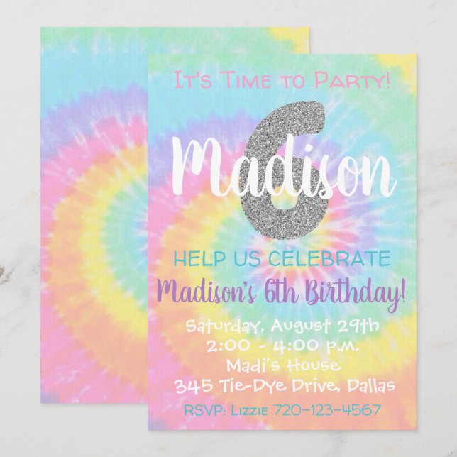 Tie Dye Birthday Invitation 6th Birthday (Front/Back)