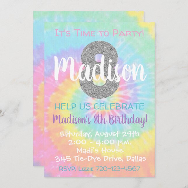 Tie Dye Birthday Invitation 8th Birthday (Front/Back)