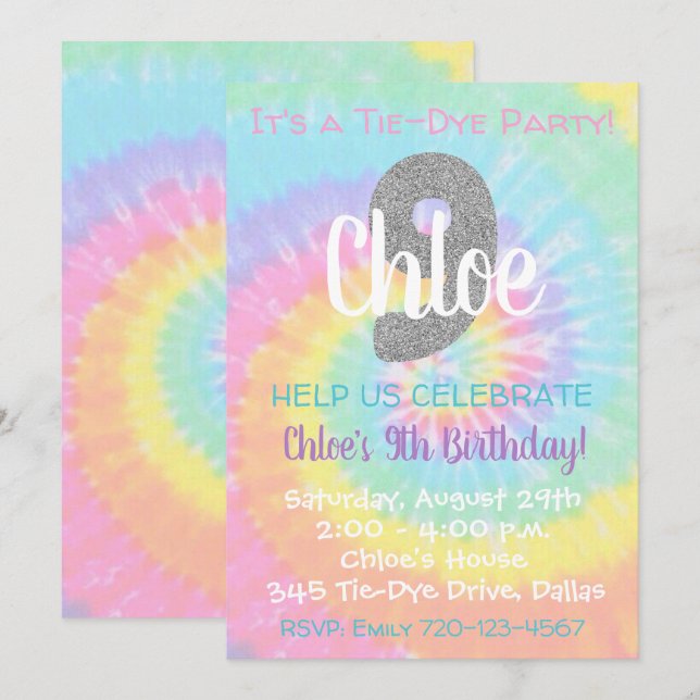 Tie Dye Birthday Invitation 9th Birthday (Front/Back)
