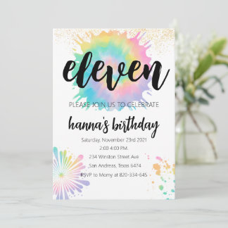 Tie-Dye Birthday Invitation Gold Invitation Rainbo