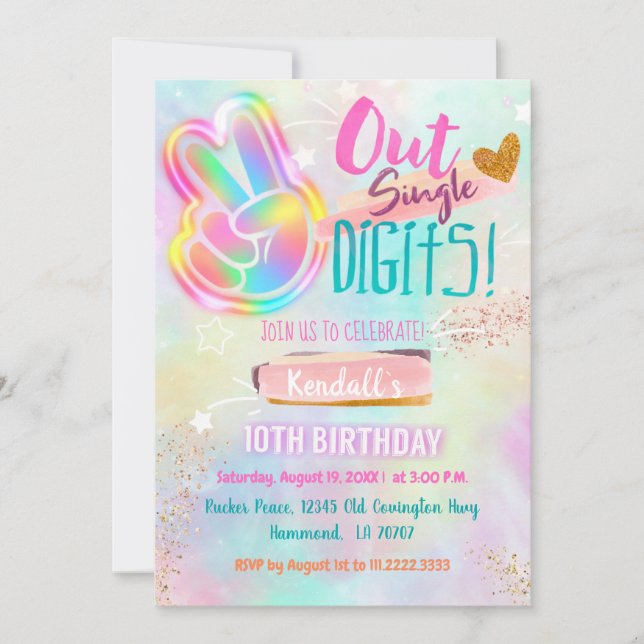 Tie Dye Birthday Invitation Peace Out Single Digit (Front)