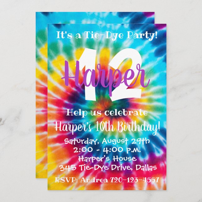 Tie Dye Birthday Invitation Tie Dye Invitation (Front/Back)
