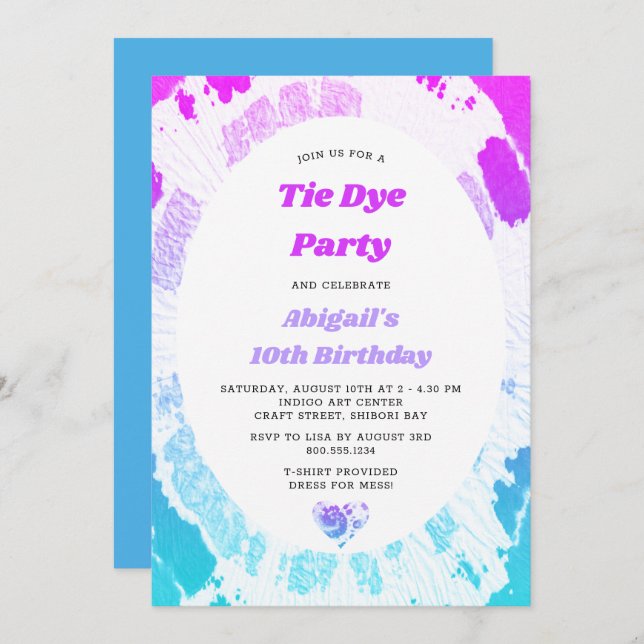 Tie Dye Birthday Party Bright Pink Lilac Turquoise Invitation (Front/Back)