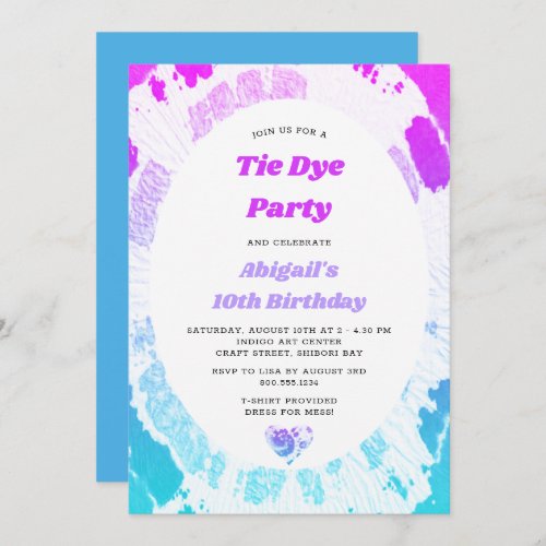 Tie Dye Birthday Party Bright Pink Lilac Turquoise Invitation