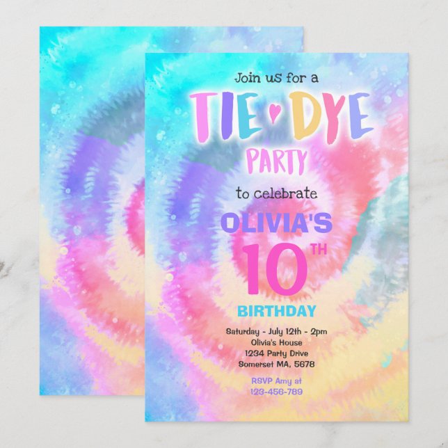 Tie Dye Birthday Party Bright Tie Dye Hippy Party Invitation (Front/Back)