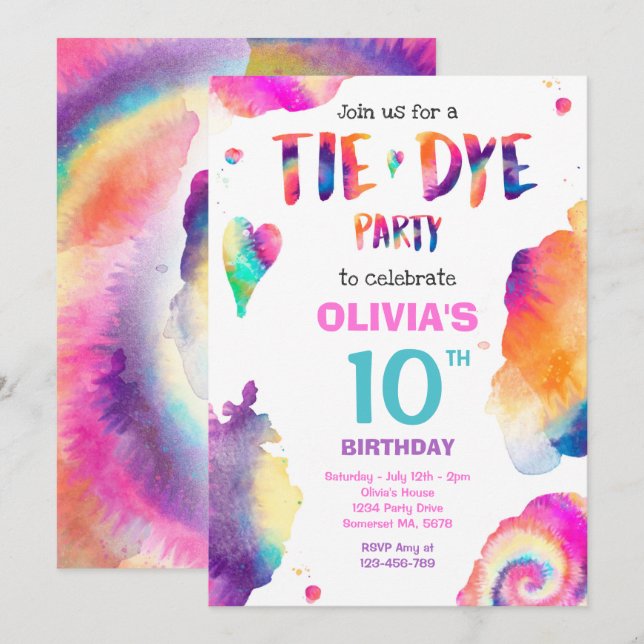 Tie Dye Birthday Party Bright Tie Dye Hippy Party Invitation (Front/Back)