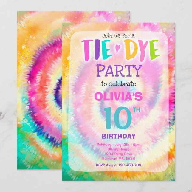 Tie Dye Birthday Party Bright Tie Dye Hippy Party Invitation (Front/Back)