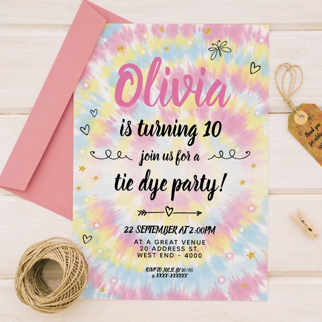Tie Dye Birthday Party Invitation (Experience the groovy colored patterns of tie dye with this  bright tie dye birthday invitation!)