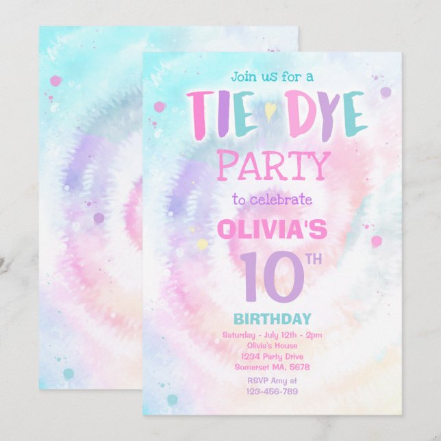 Tie Dye Birthday Party Pastel Tie Dye Hippy Party Invitation (Front/Back)