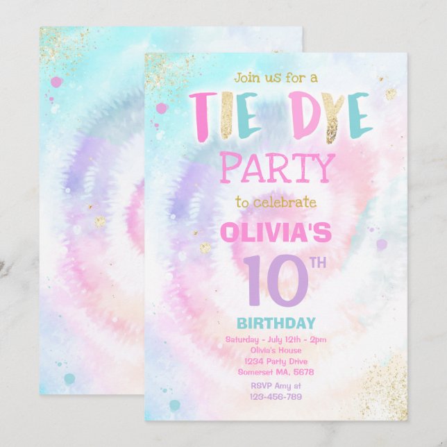 Tie Dye Birthday Party Pastel Tie Dye Hippy Party Invitation (Front/Back)