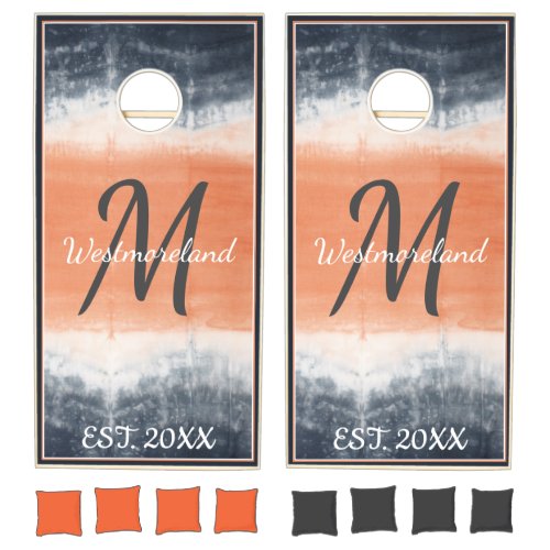 Tie Dye Black and Peach Gradient Monogram Cornhole Set