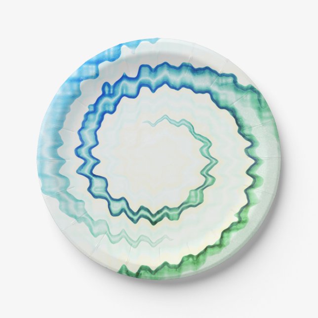 Tie dye blue green white swirl pattern party paper plates (Front)