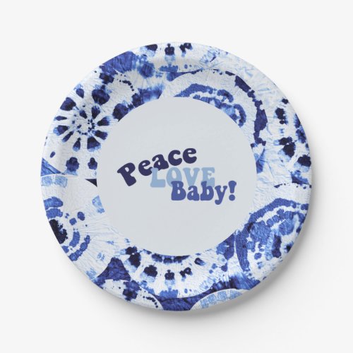 Tie Dye Blue Shibori Peace Love Baby Shower Paper Plates