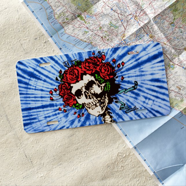 Tie Dye Blues with Skull and Roses License Plate (In Situ)