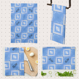 Tie Dye Boho Chic Blue and White Checkered Kitchen Towel