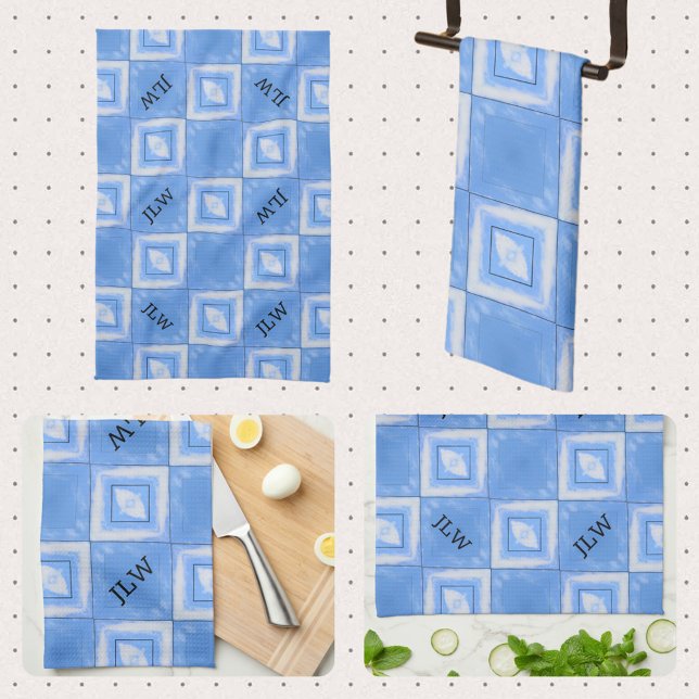 Tie Dye Boho Chic Blue and White Checkered Kitchen Towel (Creator Uploaded)