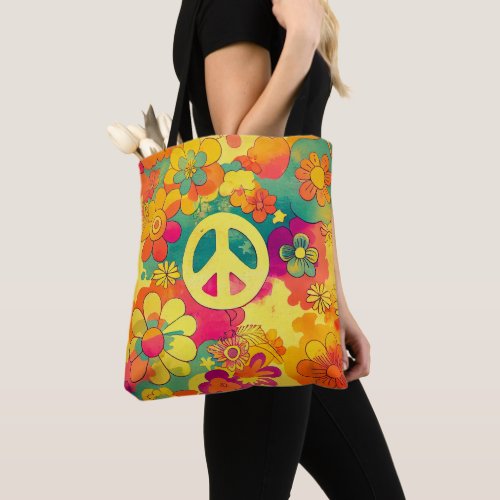 Tie Dye Boho Hippy 60s Peace Sign Tote Bag