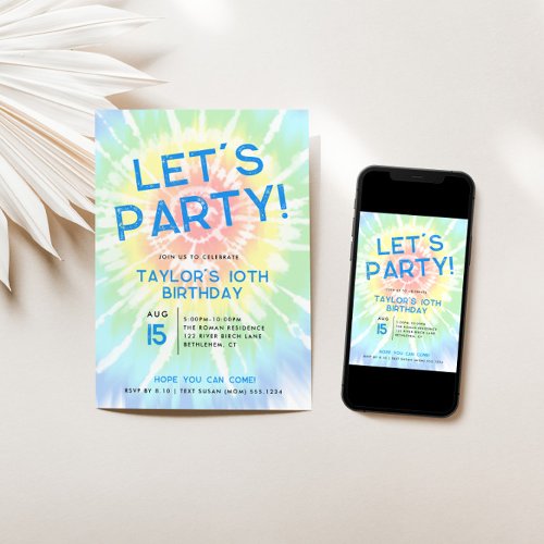 Tie Dye Bold Lets Party Any Age Birthday Invitation
