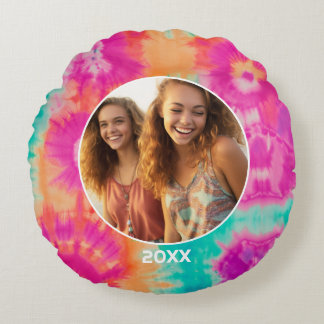 Tie Dye Border with Photo and Year - Pink Aqua Round Pillow