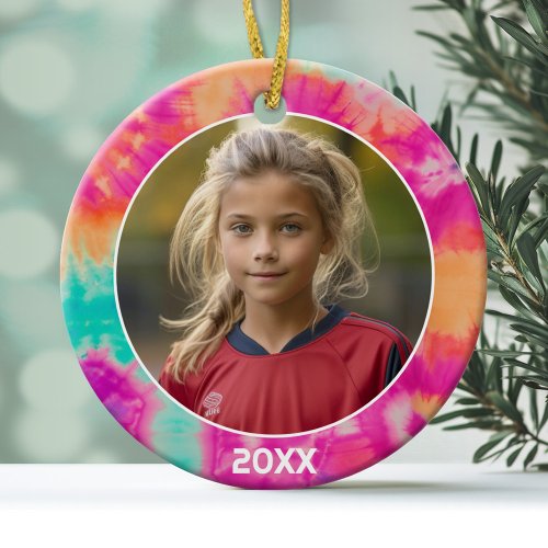 Tie Dye Border with Photo and Year _ pink teal Ceramic Ornament
