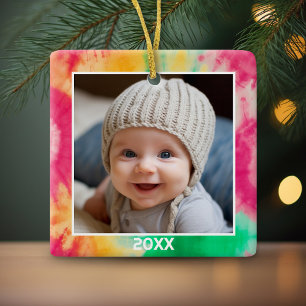 Tie Dye Border with Photo and Year - Red Green Ceramic Ornament